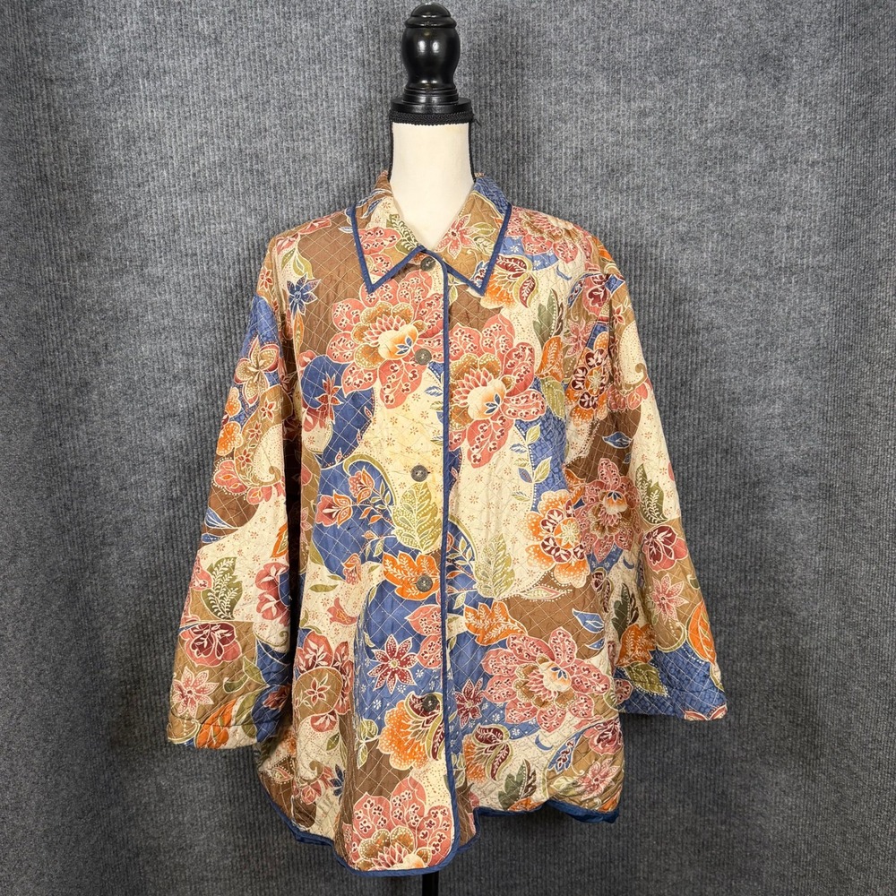 Alfred Dunner 100% Silk Quilted Jacket Women 24W Blue Orange Floral Paisley Boho